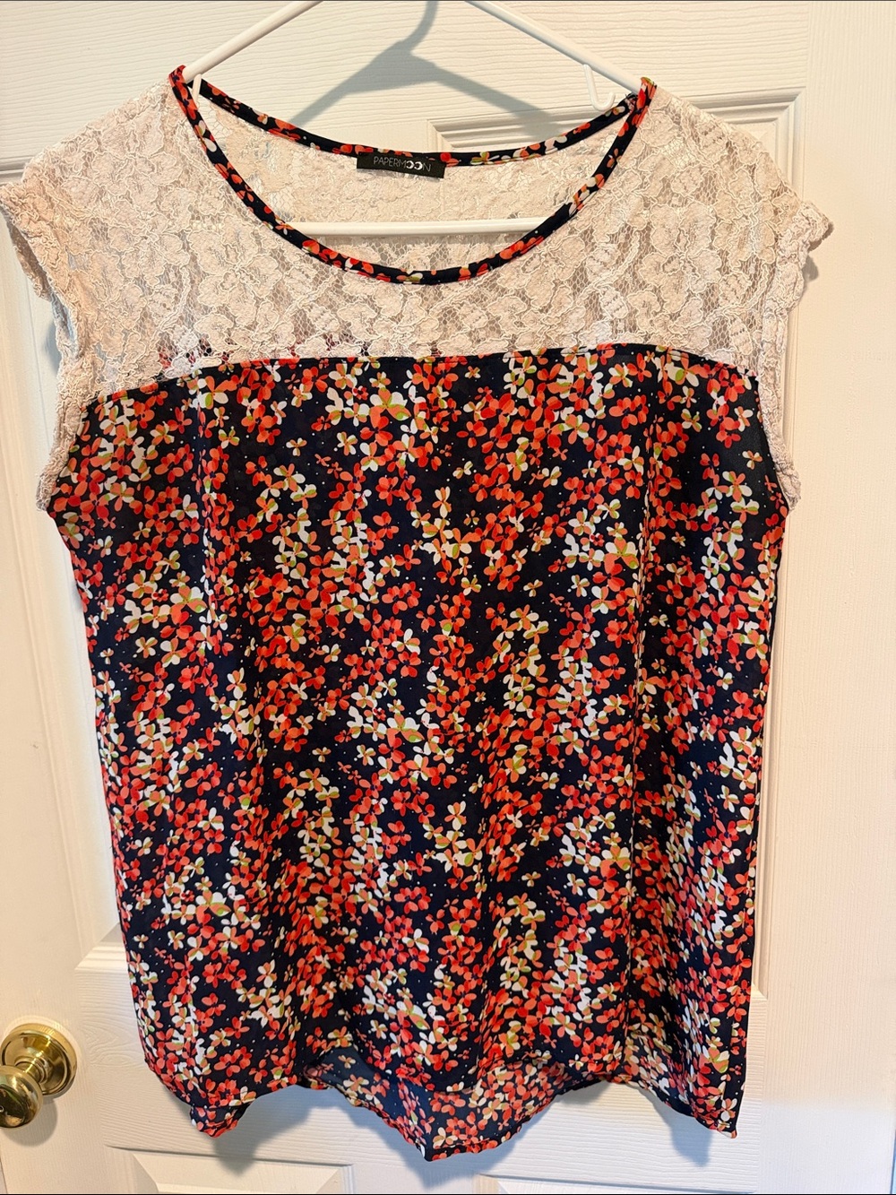 Papermoon Navy Floral Top with Ivory Lace Yoke